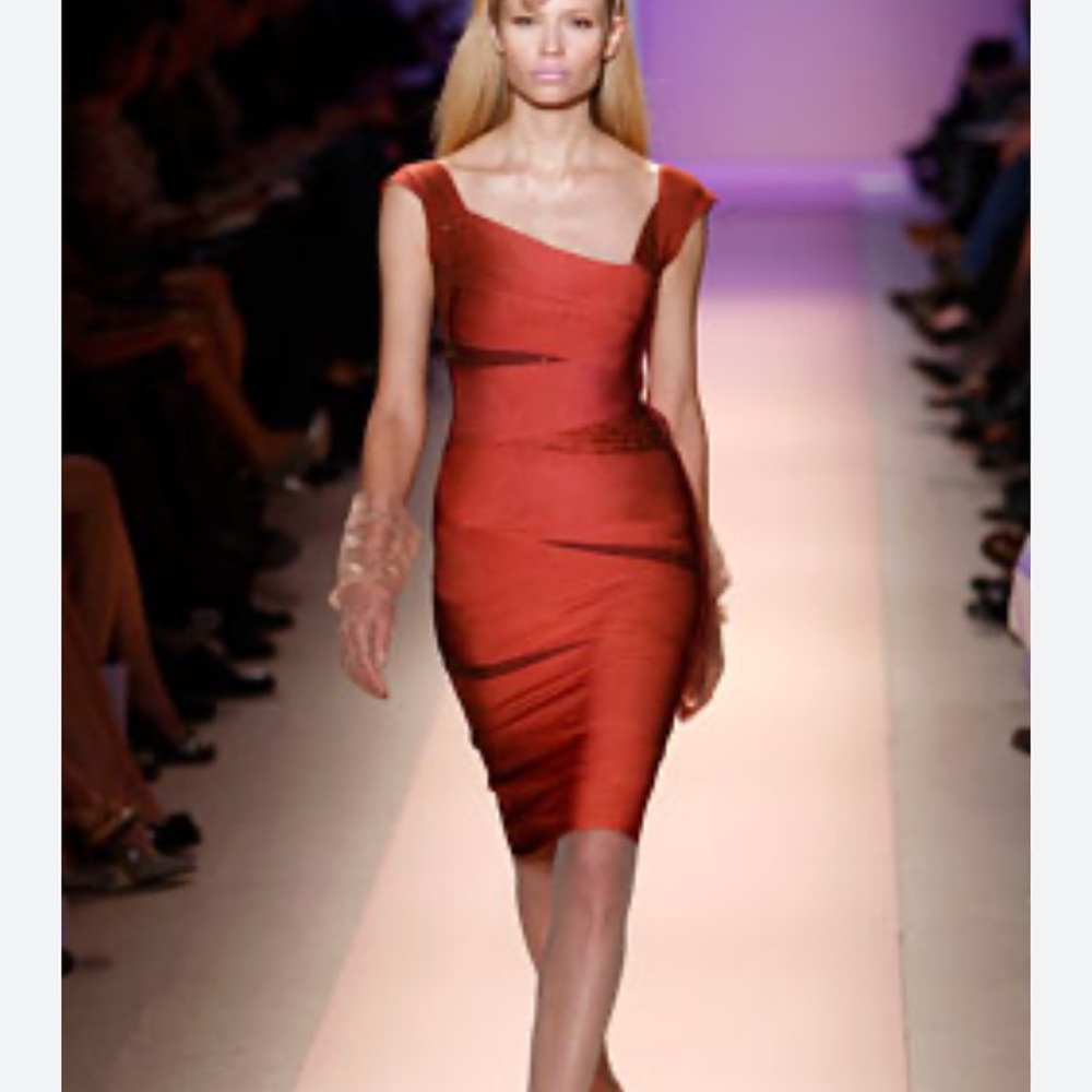 Herve Leger Asymmetrical Bandage Dress in Brightflame Orange - Picture 1 of 14